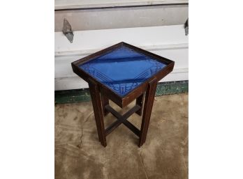 Antique Art Deco Blue Mirrored Glass Top Wood Side/Occasional Table