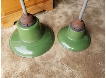 Two Awesome Vintage Green Enamel Industrial Hanging Light Fixtures
