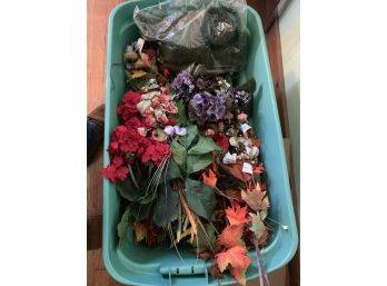 Large Tote Of Faux Flowers And Candle Holder