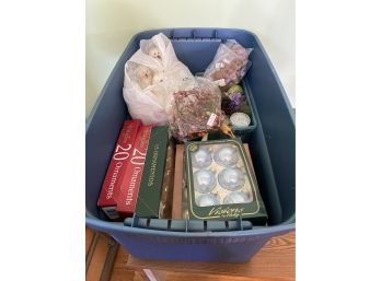 Huge Tote Of Vintage Ornaments, Holiday Crafting Accessories, Ribbons, & More!