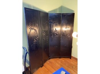 Large Black Wood Folding Chinese Screen Raised Carvings!