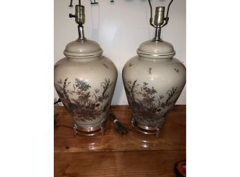 Pair Of Mid Century Modern Hand Painted Porcelain Lamps With Chrome Bottoms