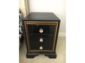 Black Leather Wrapped 3 Drawer Nightstand With Black Glass Fronts And Knobs, Excellent Condition