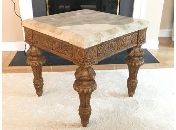 Fantastic Fossil Stone Side Table On Ornately Carved Wood Base, Excellent Condition