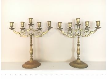 Pair Of Antique Brass Candelabras, Large Size