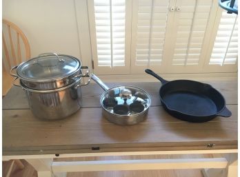 3 Piece Lot Including Egg Poacher, Aaron Sanchez Cast Iron Skillet 12', And Palm Restaurant Steamer