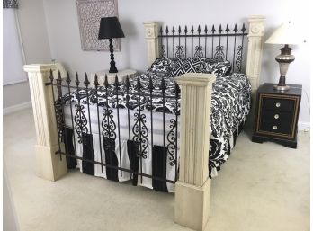 $2,500 Retail, Exquisite Distressed Wood And Wrought Iron Queen Size Bed With Beautyrest Recharge Mattress