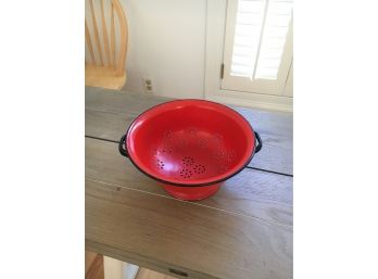 Vintage Red Porcelain Enamel Strainer, 9' Diameter