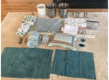 Large Lot Of Bathroom Accessories Including Decorative Towels, Shower Curtains, Hooks And More