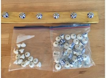 Huge Lot Of Ceramic Knobs, Delft Style Blue And White, And Modern Colorful Knobs On Coat Rack