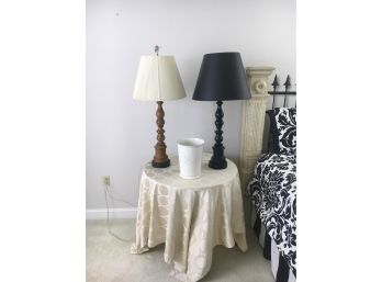 Lot Of Household Items Including 2 Table Lamps, Waste Bucket, And Table With Cloth Cover