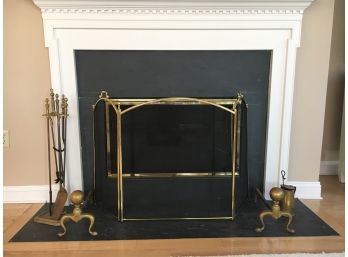 Beautiful Assortment Of Brass Fireplace Tools Including Tools, Andirons, Screen, And Brass Sap Pot