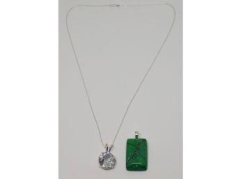 Sterling Chain With 2 Sterling Pendants Green Howlite & Cubic Zirconia