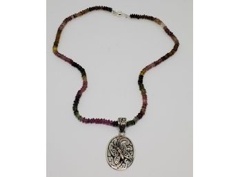 Incredible Multi Tourmaline Sterling Beaded Necklace With Magnetic Closure & Sterling Butterfly Charm