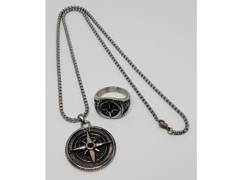 Thai Black Spinel Men's Nautical Compass Ring & Pendant Necklace