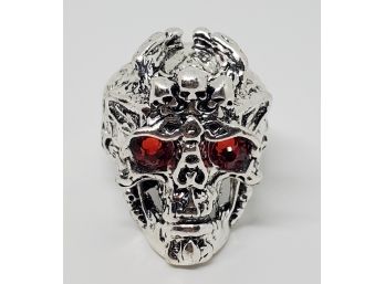 Incredible Skull Ring With Red Crystal Eyes In Silver Tone