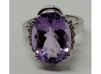 Oval Rose De France Amethyst With Zircons Rhodium Over Sterling Ring