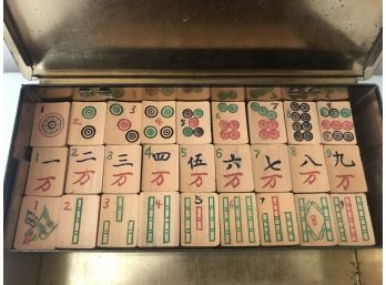 Bamboo Mahjongg Set In Tin Box With Bone Counters
