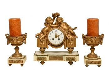 Vintage Remington Cherub Marble Clock With Matching Candle Holders