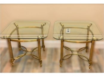 Pair Of Beveled Edge Glass End Tables With A Brass Frame