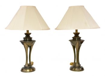 Pair Of Bloomingdales Art Deco Style Brass Table Lamps With Shades