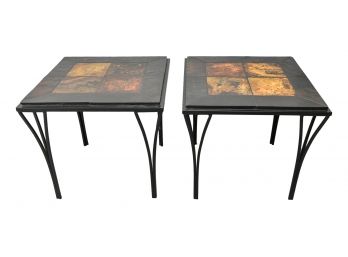 Wrought Iron And Slate Top End Tables