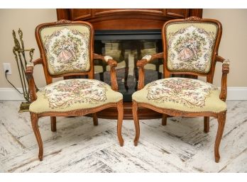 Pair Of Upholostered Fauteuil Chairs With Needlepoint Tapestry