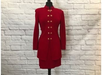 St. John Skirt And Jacket, Wool Blend, Classic Red With Military Styling -