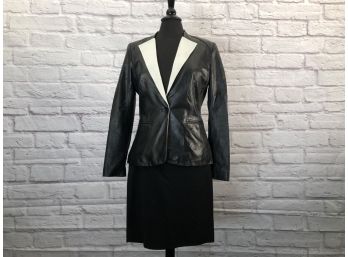 Black And White Leather Jacket Paired With Black Jersey Knit Skirt, Calvin Klein