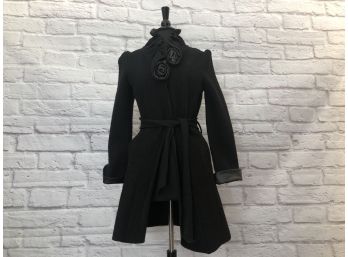 Wool Blend Belted Coat With Unique Leather Trim By Kenar - Sz S