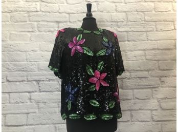 Stenay  Vintage  Sequined And Beaded Silk Top, Floral On Black - Sz XL