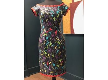 Vintage Rimini Cotton Sequined Dress - Navy With Bright Colorful Design And Rickrack Trim - Sz 6