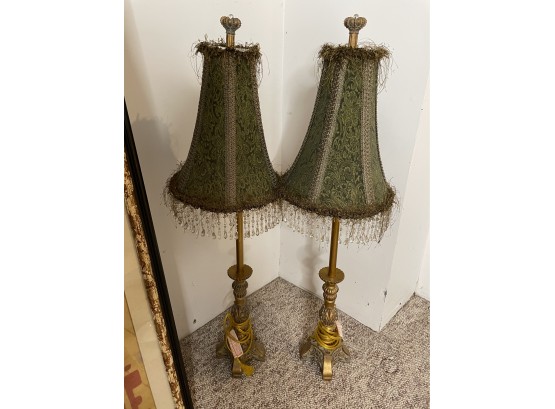 2 Green Paisley Lamps With Beaded Shades 35-38