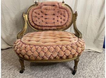 Antique Tufted Upholstered Wooden Chair On Wheels