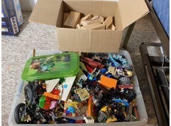 2 Boxes - A Box Of Loose Legos And A Box Of Building Blocks (some Have Crayola Marks)