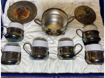 Silver Plate Set Of CoffeeTea Cups And A Saucer With Sugar Bowl With Lid Made In Italy