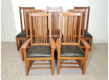 A Set Of 8 Hardwood Dining Chairs In Green-Black Leather After Gustav Stickley