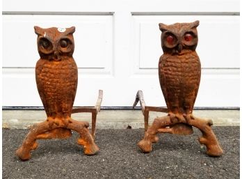 A Pair Of Antique Cast Iron Owl Form Andirons