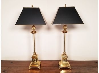 A Pair Of Brass And Blown Glass Lamps