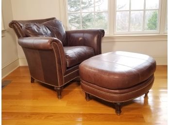 A Chestnut Leather And Nailhead Trim Armchair And Ottoman By Ferguson Copeland, LTD 1 Of 2