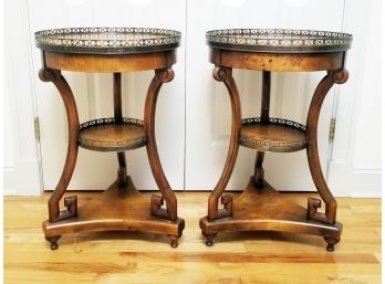 A Pair Of Burl Wood Side Tables With Brass Drink Rails