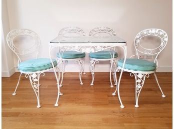 A Vintage Wrought Iron Glass Top Dining Table And 4 Chairs In 'Chantilly Rose' Pattern By Woodard