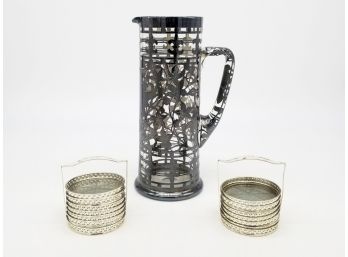 Sterling Silver And Glass Coasters And A Sterling Painted Glass Cocktail Pitcher