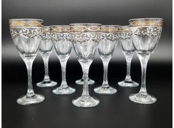 A Set Of Vintage Metallic Painted Crystal Wine Goblets