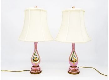 A Pair Of Tole Painted Milk Glass Lamps - Bird Motif