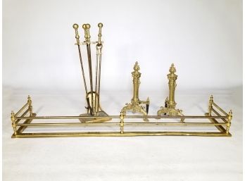 A Vintage Brass Fireplace Assembly - Fender, Tools, Andirons