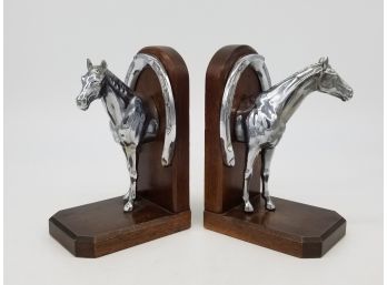 A Pair Of Vintage Metal And Ceramic Equestrian Themed Bookends