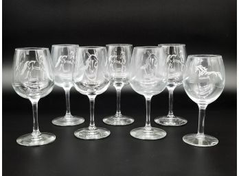 A Grouping Of Etched Glass Equestrian Themed Wine Goblets