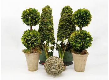 A Collection Of Faux Topiary Bushes In Planters