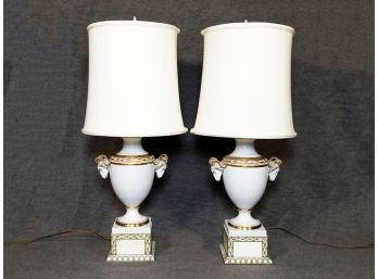 A Pair Of Neoclassical Ceramic Lamps With Gilt Details